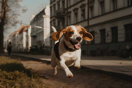 Cute Beagle dog running on the street in the city.の素材