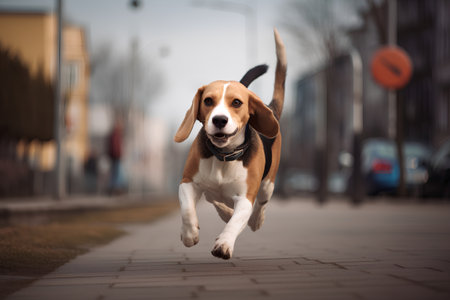 Beagle dog running in the city street. Beagle dog.の素材