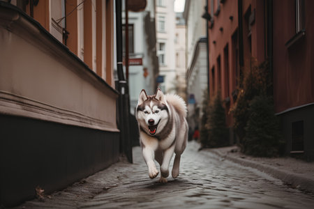 Siberian Husky dog running on the cobblestone streetの素材