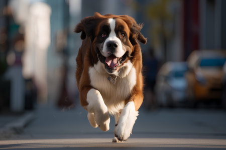 Portrait of a purebred St. Bernard dog jumping in the street.の素材
