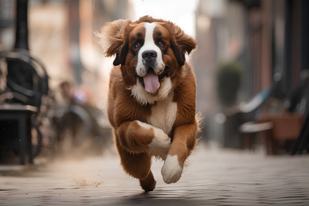 Portrait of a beautiful Bernese mountain dog running on the streetの素材