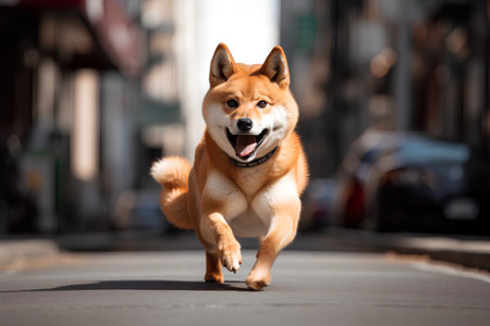 Shiba inu running on the street. Shiba inu is a Japanese dog breed.の素材