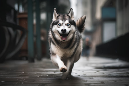 Portrait of a beautiful husky dog running on the street.の素材