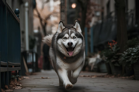 Siberian Husky dog running on the street in the eveningの素材