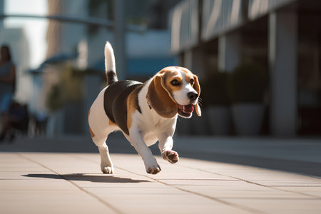 Beagle dog running on the street. Beagle dog in motion.の素材