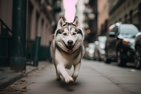 Siberian Husky dog running on the street in the cityの素材