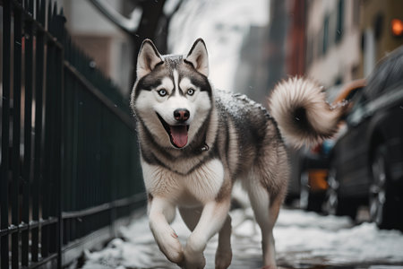 Siberian husky dog running on the street in winter.の素材