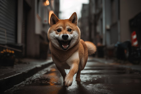 Shiba inu dog running in the rain on the street.の素材