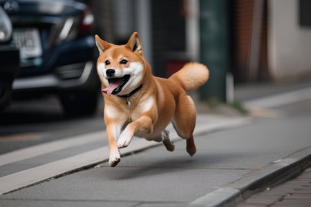 Shiba Inu running on the street. Shiba Inu is a Japanese breed of dog.の素材