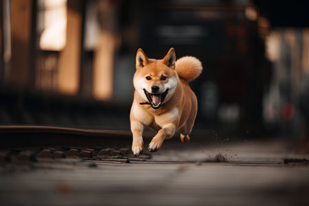 Shiba Inu running on railroad tracks. Shiba Inu is a Japanese breed of dog.の素材