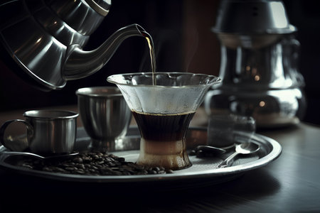Coffee pouring into a glass cup with coffee beans in the backgroundの素材