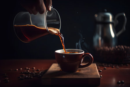Pouring coffee into a cup on a wooden table with coffee beansの素材