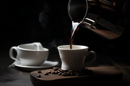 Pouring coffee into a cup with coffee beans on a dark backgroundの素材