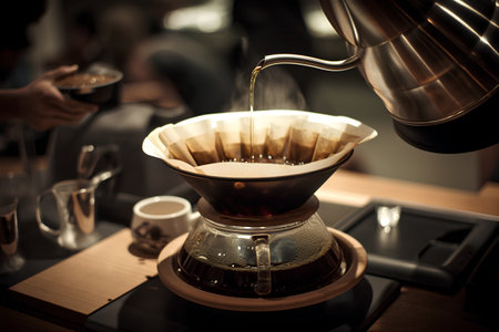 Espresso pouring into a cup of coffee, shallow depth of fieldの素材