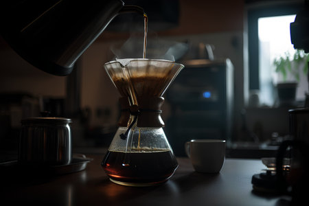Coffee maker pouring coffee in a glass cup on a tableの素材