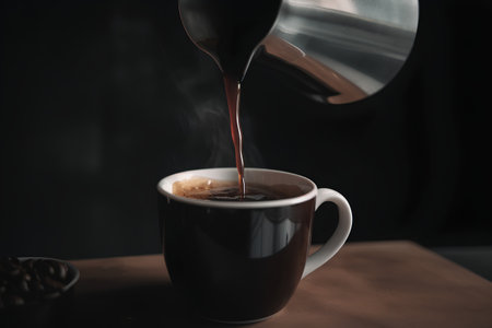 Coffee pouring into a cup with coffee beans on dark backgroundの素材