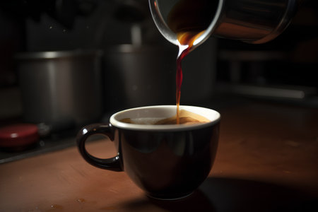 Coffee pouring into a black cup, shallow depth of fieldの素材
