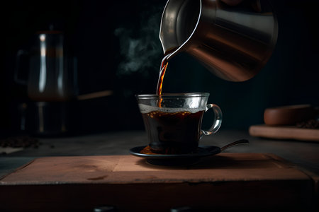 Coffee pouring from a coffee pot into a cup on a wooden tableの素材
