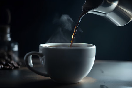 Coffee pouring from coffee pot into white cup on black backgroundの素材