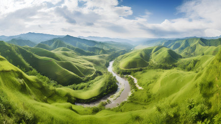 Beautiful mountain landscape with a river in the middle of the valleyの素材