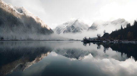 Reflection of mountains and clouds on the lake in the morning.の素材
