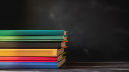 Stack of colorful books on wooden table. Back to school. Copy space.の素材