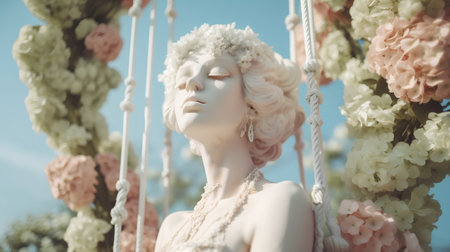 Beautiful female statue on a swing with flowers in the garden.の素材