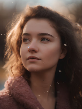 Portrait of a young beautiful girl in a fur coat on the streetの素材