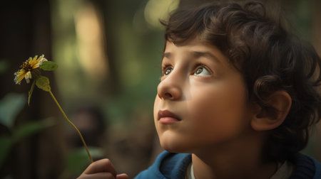 Portrait of a boy with a flower in his hand in the forestの素材