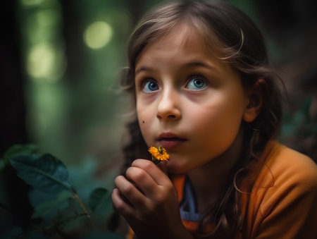 Little girl in the forest with a yellow flower in her hand.の素材