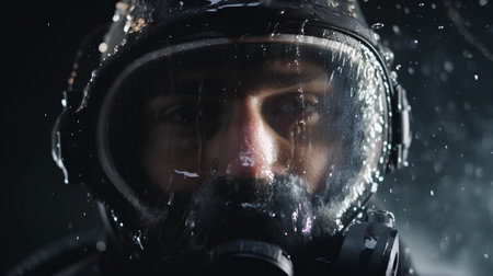 Portrait of a man in a motorcycle helmet with water drops.の素材