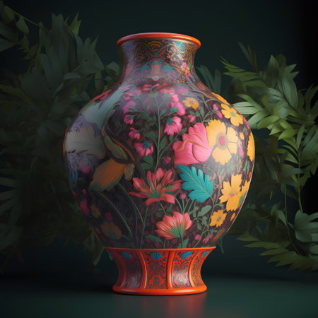 Vase with floral pattern on a dark background. 3d renderingの素材