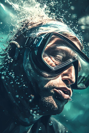 Close up portrait of a young man in diving mask and goggles underwater.の素材