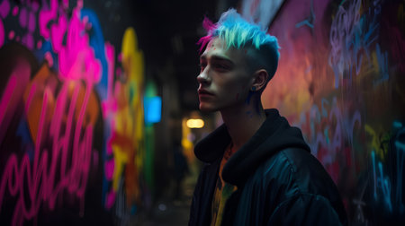 Young man with colorful hair and graffiti on the wall at night.の素材