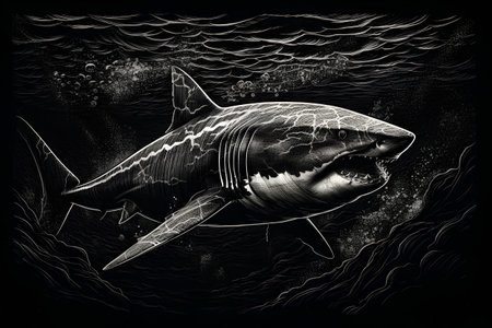 Great white shark in the ocean. Hand-drawn illustration on a black background.の素材