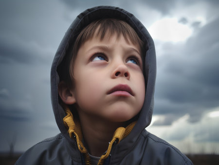 Little boy in a hood looking up on a stormy sky backgroundの素材
