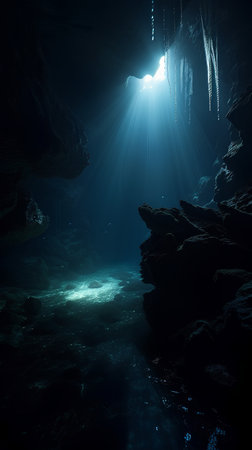 Underwater scene with stalactites and rays of light in caveの素材