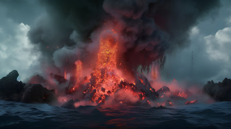 Volcanic eruption in the sea. 3d render illustration.の素材