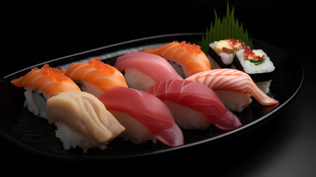 Sushi set in black plate on black background, japanese foodの素材
