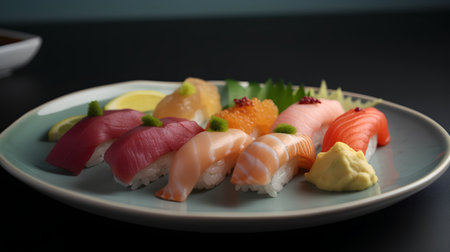 Sushi set on plate, japanese food, selective focus