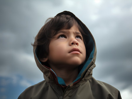 Little boy in raincoat looking up and thinking about something over cloudy sky backgroundの素材