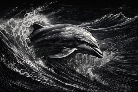 Dolphin jumping out of the water. 3D illustration. Black and white.の素材