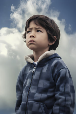 Portrait of a little boy on the background of the cloudy skyの素材