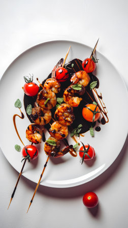 Seafood skewers with prawnspus, mussels and tomatoes on a white plateの素材