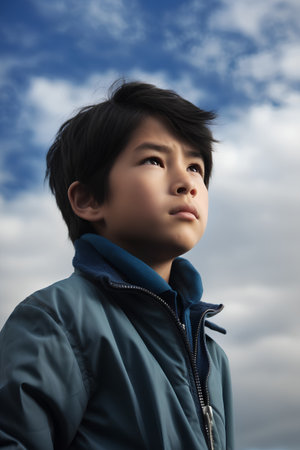 Portrait of a boy in a blue jacket against a cloudy skyの素材