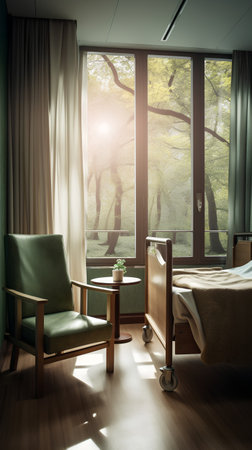 Interior of a hotel room with green armchair and wooden tableの素材