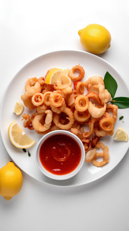Fried squid rings with lemon and tomato sauce on white plate.の素材