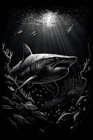 illustration of a shark swimming in the ocean on a dark backgroundの素材