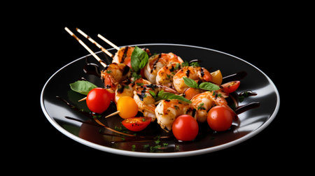 Grilled shrimps on skewers with tomatoes and basil on a black backgroundの素材