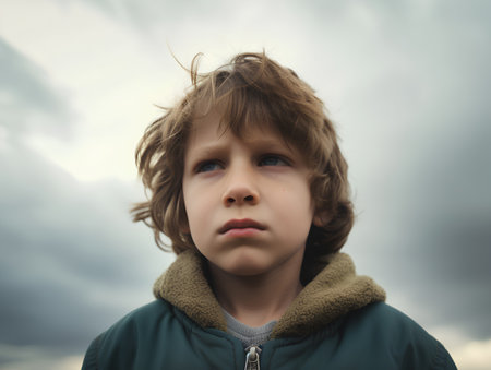 Portrait of a boy on the background of the cloudy sky.の素材